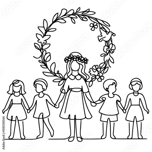 Children holding hands with woman surrounded by floral circle design, Concept of single line outline vector peace day  