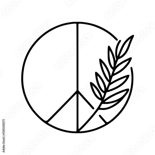 Peace symbol with olive branch in single line outline design  