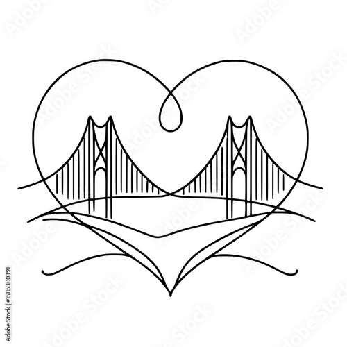 Heart-shaped outline of a bridge and river on white background  