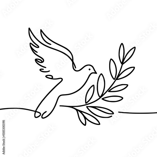 Dove flying with olive branch in single line outline vector peace day  
