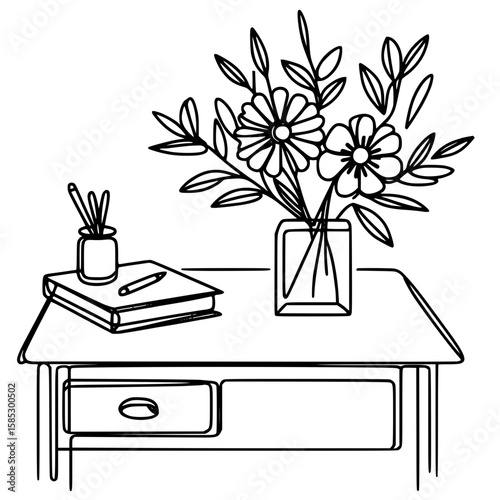 Line art of a desk with flowers, a book, and a pen holder  