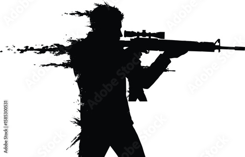 MobileSilhouette of armed sniper holding rifle with dramatic ink splatter effect, military concept, battlefield illustration, combat pose design art
