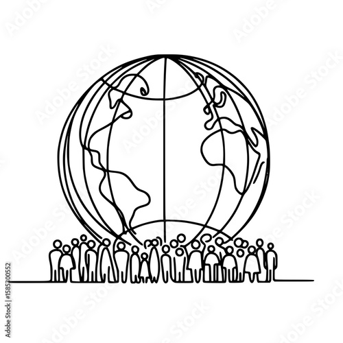 People gathered around a globe in a single line outline style  