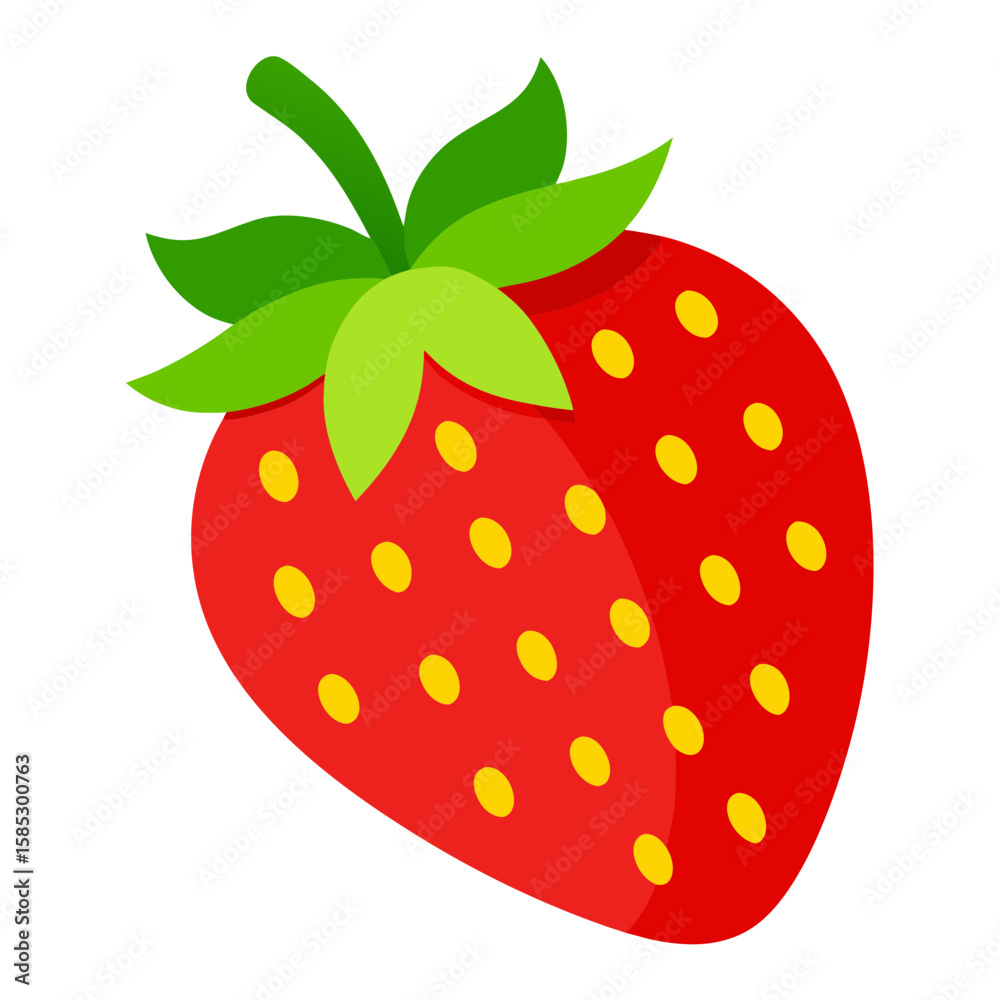 Obraz premium Red strawberry with yellow seeds and green leaves fruit