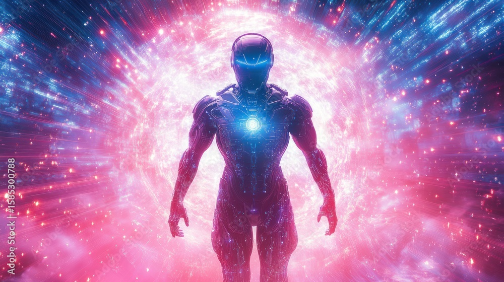 Fototapeta premium Futuristic robot figure in a vibrant energy explosion