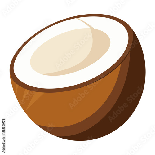 Half coconut showing brown shell and white pulp tropical fruit