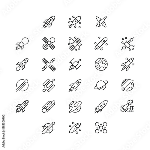 Collection of minimalist space icons featuring rockets satellites planets and futuristic space exploration designs