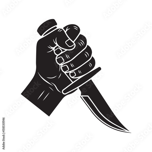 Hand holding a knife silhouette. Vector icon symbolizing crime, murder, and danger. Threatening stabbing gesture with a weapon.
