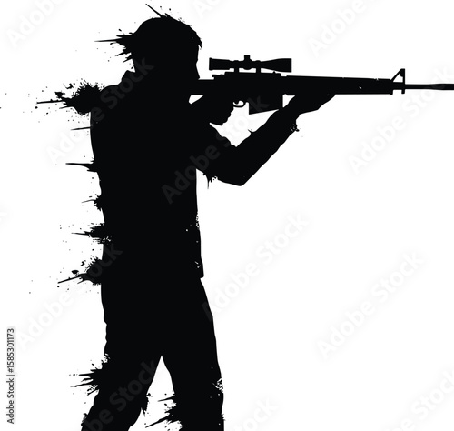 MobileSniper silhouette aiming with rifle, abstract splatter effect, military soldier isolated, marksman graphic art, tactical shooter vector illustration