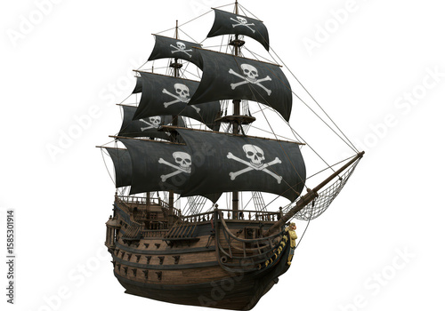 A majestic pirate ship with black sails adorned with skull and crossbones, sailing on a transparent background