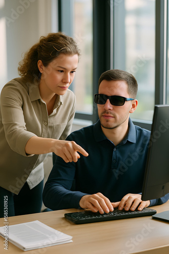 Woman assisting visually impaired man using computer in modern office accessibility workplace