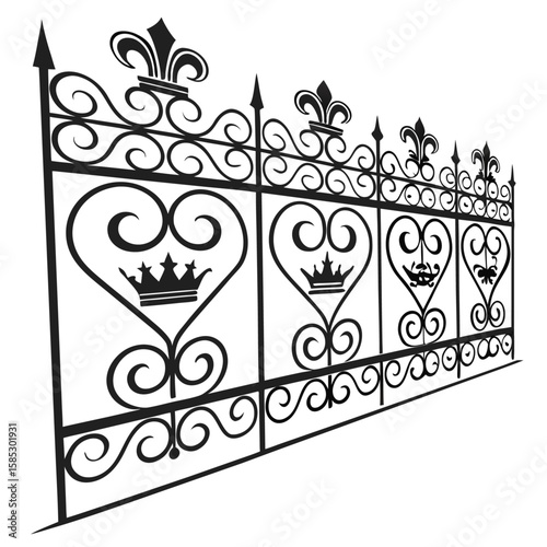 Victorian ornate wrought iron gate and fence with vintage gold floral decoration
