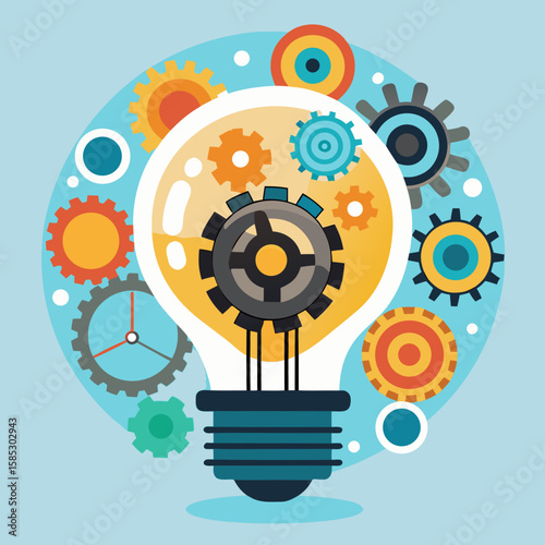A conceptual vector illustration showing a light bulb with various gears and cogs inside, symbolizing a creative or innovative idea being built