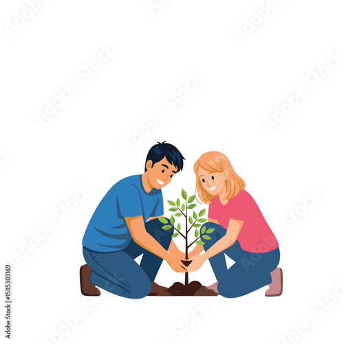 A man and woman planting a small tree together in soil, smiling and working as a team.