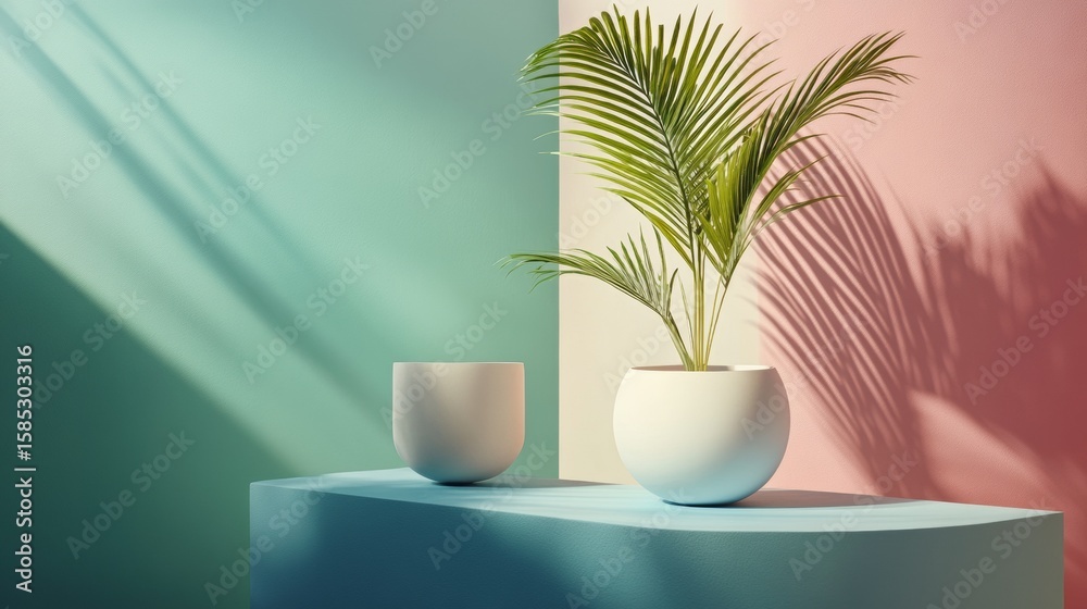 Minimalist green tropical leaves casting shadows on pastel mint background with ceramic cup composition decor Minimalist green tropical leaves casting shadows on pastel mint background with ceramic cup composition decor