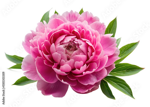 A beautiful vibrant pink peony flower with lush green leaves, isolated on a transparent background