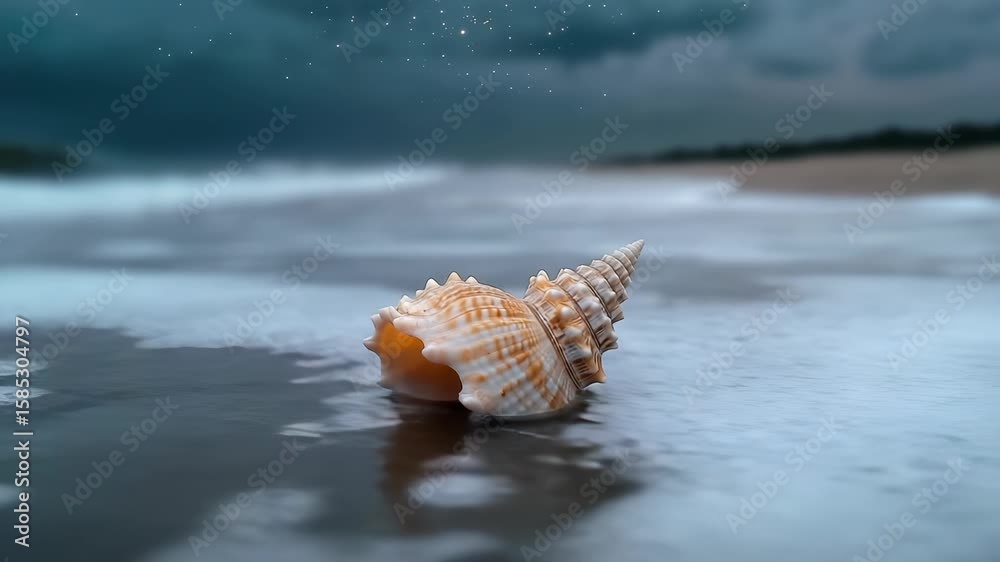 A stunning view showcases a seashell lying on wet sand while the tide softly rolls in. Dark clouds loom overhead as the ocean brings waves to the shore. The atmosphere is peaceful yet dramatic