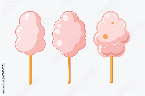 Three pink cotton candy sweets on sticks with white background