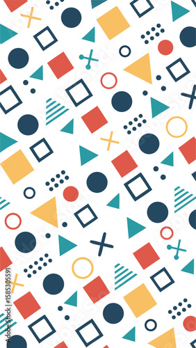 Geometric Pattern: A vibrant geometric design bursts with dynamic shapes, creating a playful and colorful visual experience. This artful arrangement of shapes adds a modern flair