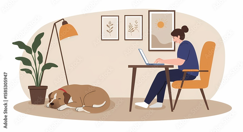 Fototapeta premium Woman Working on Laptop with Dog in Home Office.