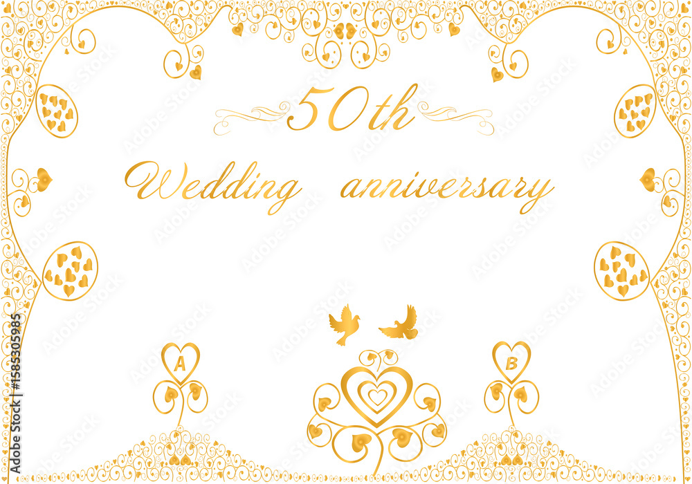 Fototapeta premium Beautiful greeting card to congratulate on the fiftieth wedding anniversary. Text. Decorative golden champagne flutes. Digital illustration