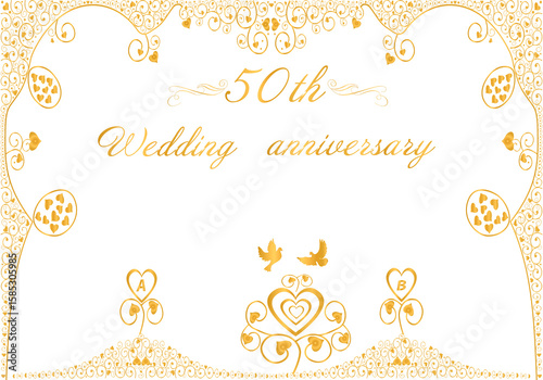 Beautiful greeting card to congratulate on the fiftieth wedding anniversary. Text. Decorative golden champagne flutes. Digital  illustration