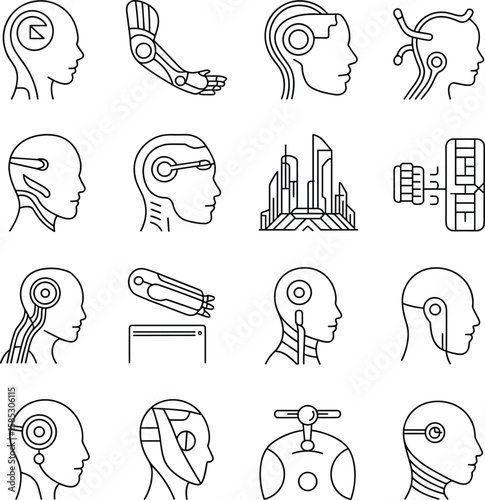 Futuristic humanoid robots and cyborg heads line art representing cybernetic technology and artificial intelligence