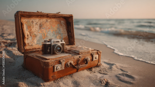 Vintage camera and old suitcase on sandy beach near ocean. Retro travel concept with antique luggage for holiday vacation.