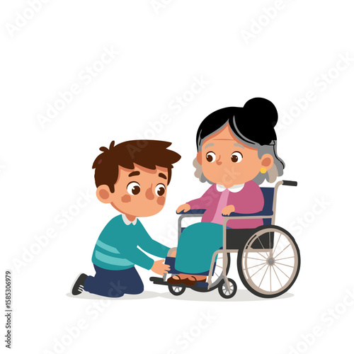 A young boy lovingly assists an elderly woman into her wheelchair, showcasing intergenerational care and support.