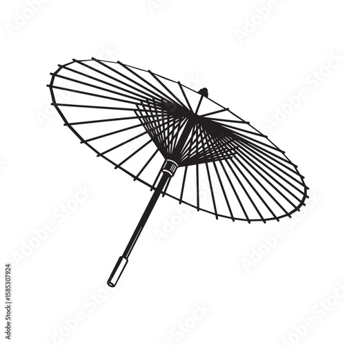 Elegant black and white illustration of a traditional asian paper parasol with detailed ribs and handle