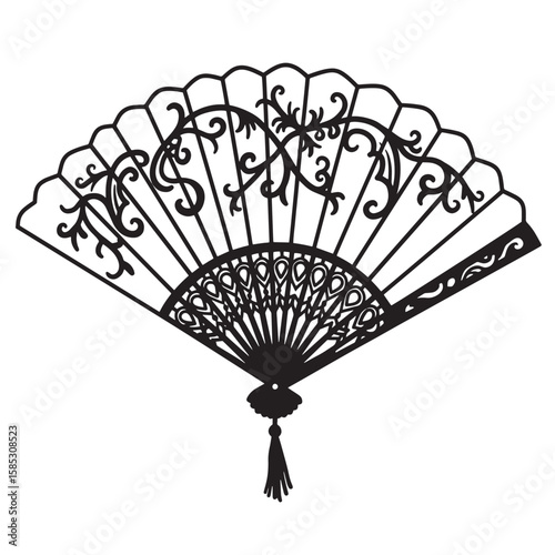 Elegant vector illustration of a black ornamental hand fan with intricate design and delicate tassel isolated on white