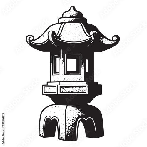 Hand drawn black and white illustration of traditional japanese stone lantern isolated on a white background