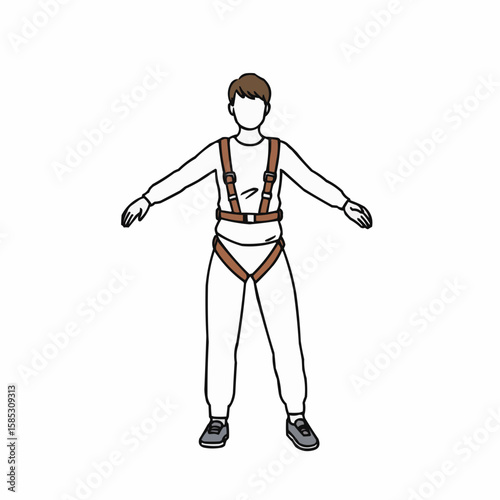 Person standing in support harness with arms extended  