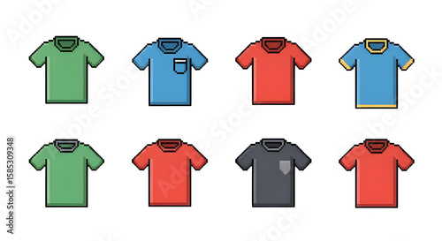 Collection of eight pixel art t shirts in various colors isolated on transparent background