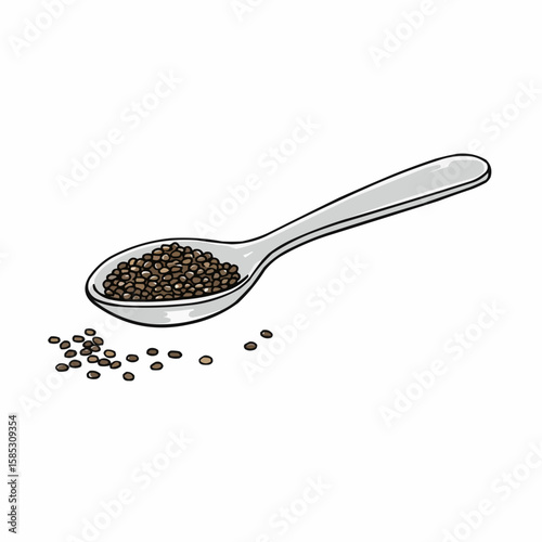 Chia seeds in a spoon with scattered seeds on a white background  