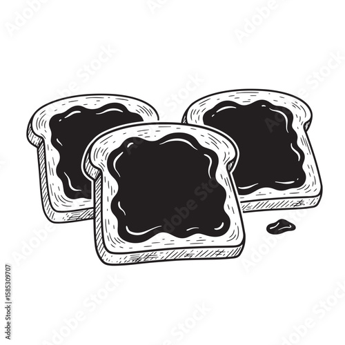 Hand drawn illustration of three slices of toasted bread with dark spread isolated on white background