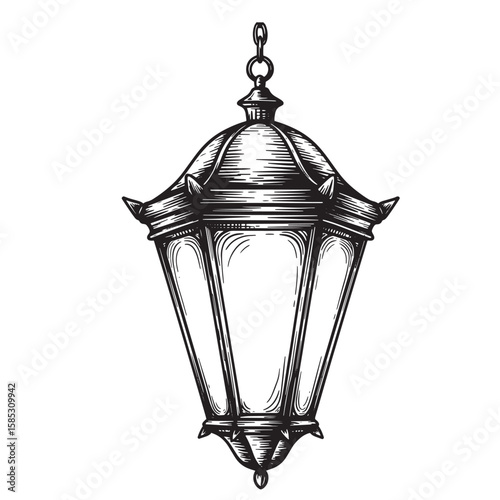 Intricate hand drawn engraved illustration of a classic hanging lantern with detailed lines and shadows