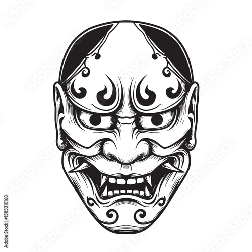 Intricately detailed black and white illustration of a traditional japanese oni demon mask isolated on white