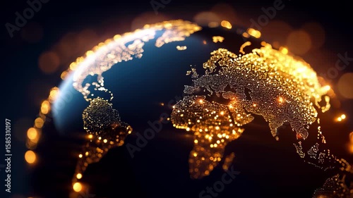 Glowing dots on digital tech globe, network lights, world data connectivity, gold on black background