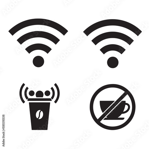 Minimalist black and white icons depicting wifi coffee and no coffee availability for various designs