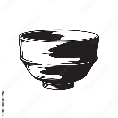 Minimalist black and white illustration of a handcrafted ceramic tea bowl or chawan for serving tea
