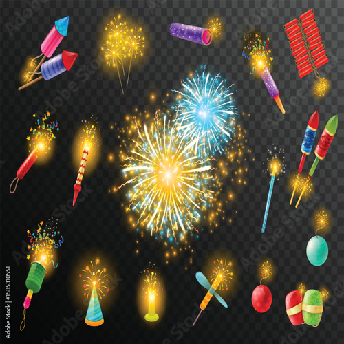Fireworks isolated on dark transparent background