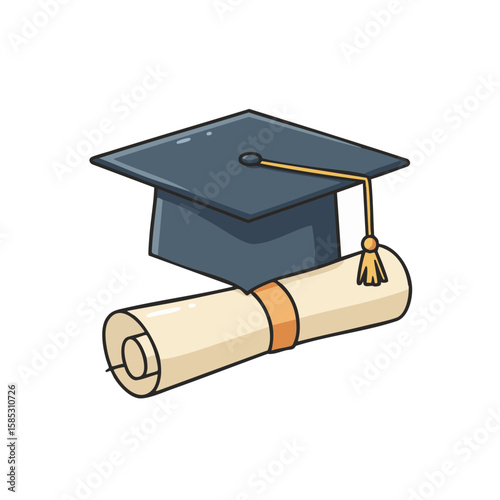 Graduation Cap with Golden Tassel and Diploma Flat Icon