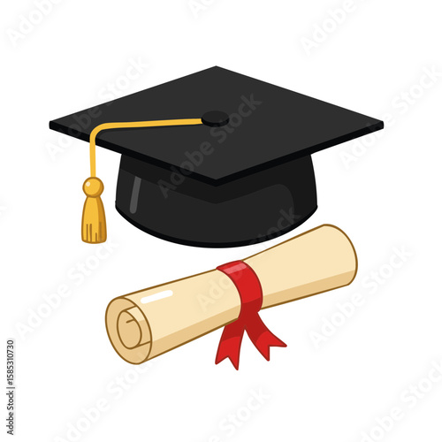 Graduation Cap with Golden Tassel and Diploma Flat Icon