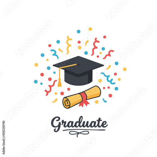 Cap and Scroll with Confetti and ‘Graduate’ Label Icon