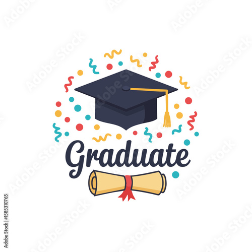 Cap and Scroll with Confetti and ‘Graduate’ Label Icon