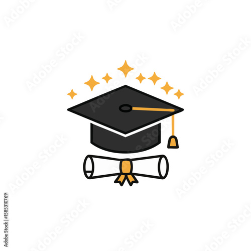 Cap with Scroll and Sparkles Symbolizing Success Flat Icon