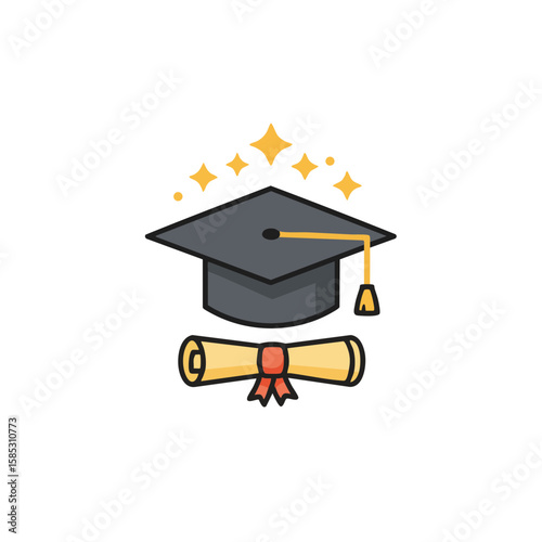 Cap with Scroll and Sparkles Symbolizing Success Flat Icon