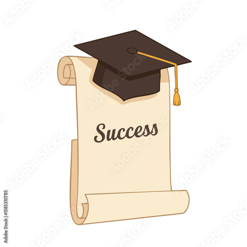 Badge Icon of Cap and Scroll with ‘Success’ Script Flat Style