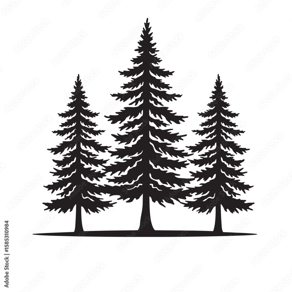 Obraz premium Silhouette of three coniferous trees arranged in a row on a white background perfect for design projects and nature themes.